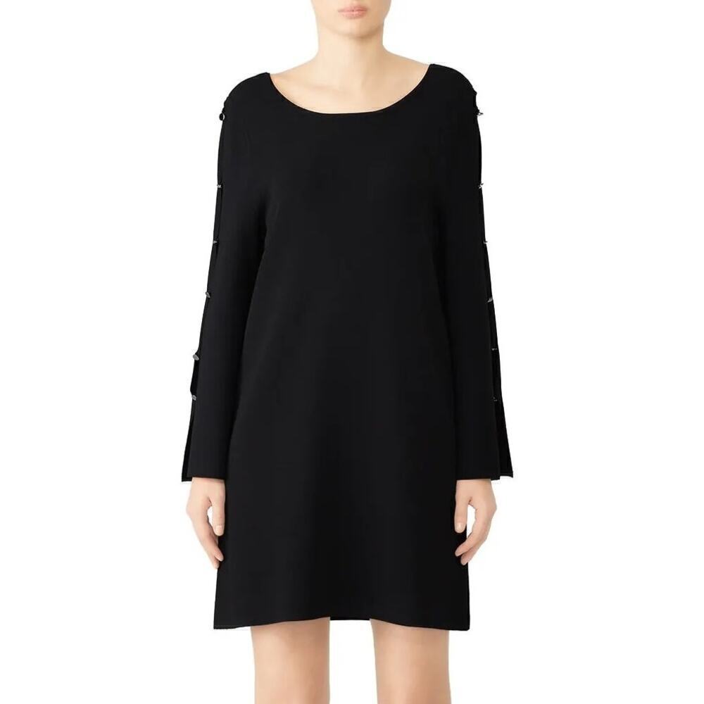 Milly Dress Knit Polished Button Long Sleeve Scoop Neck Shift Mini Black Size S